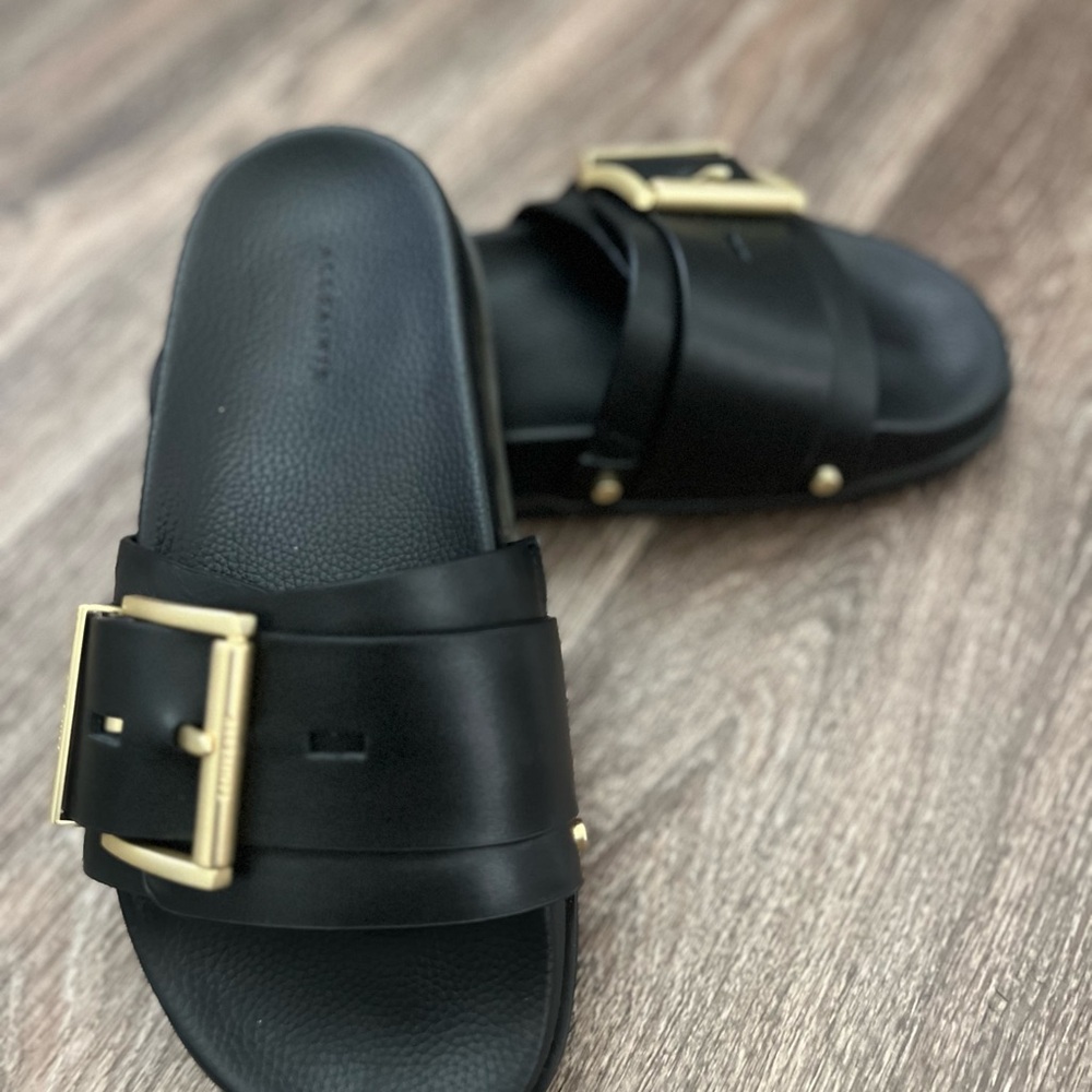 All Saints Black Leather Slide Sandals with Gold Buckle - Picture 2 of 4
